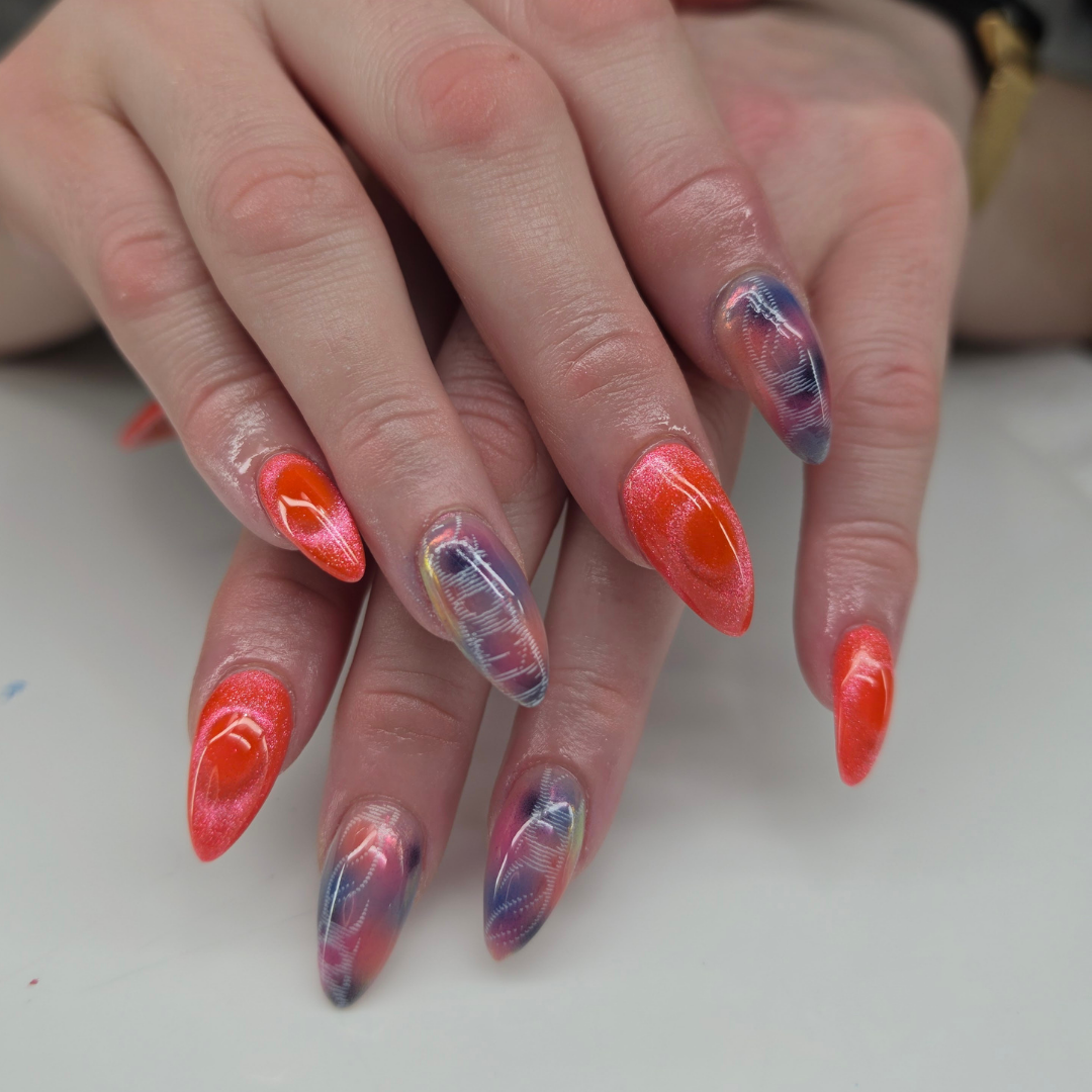 Cat-eye acrylic nails with airbrush and stamping detail by Glam Nailz by Chloe